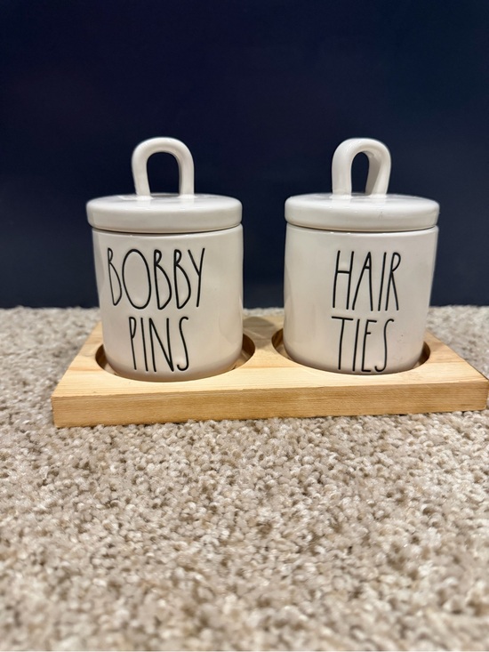 Rae Dunn Other - Rae Dunn White Ceramic 'Bobby Pins' & 'Hair Ties' Storage Jars with Bamboo Tray